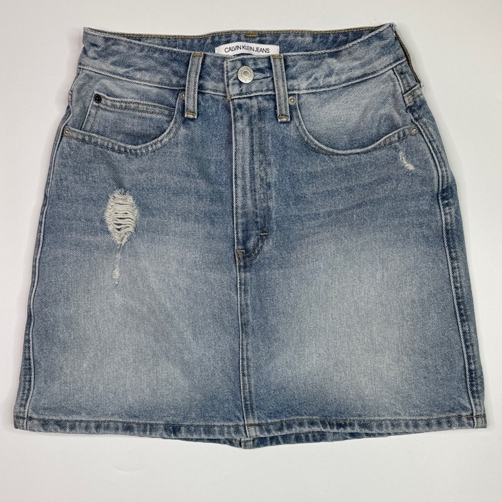 Calvin Klein Distressed Light Wash Denim Jean Pencil Skirt Size 27